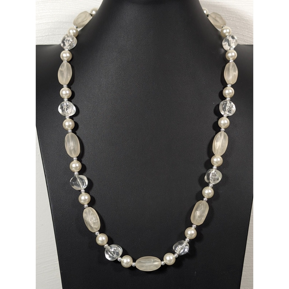 Vintage Clear‎ Frosted Lucite White Faux Pearl Beaded Necklace 26 in